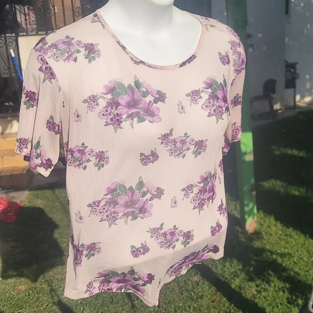 J for justify purple sheer mesh crop top short sleeve stretch blouse medium